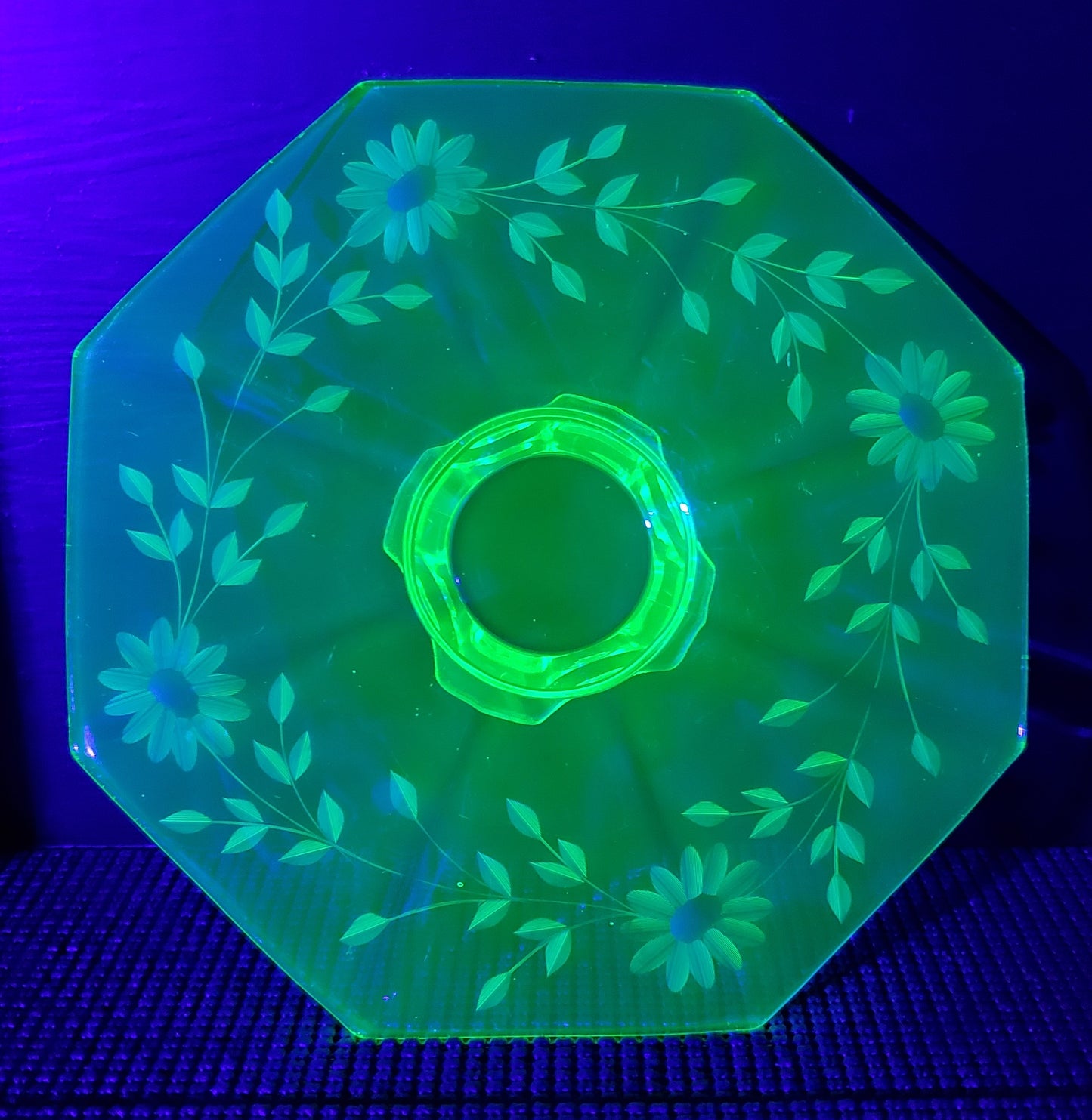 Floral Etched Uranium Glass Platter