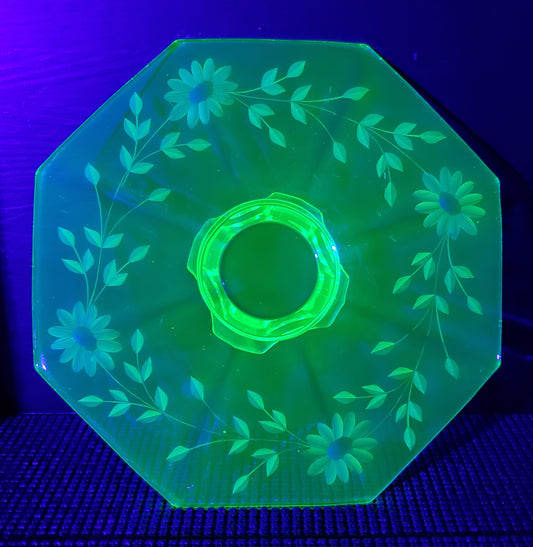 Floral Etched Uranium Glass Platter