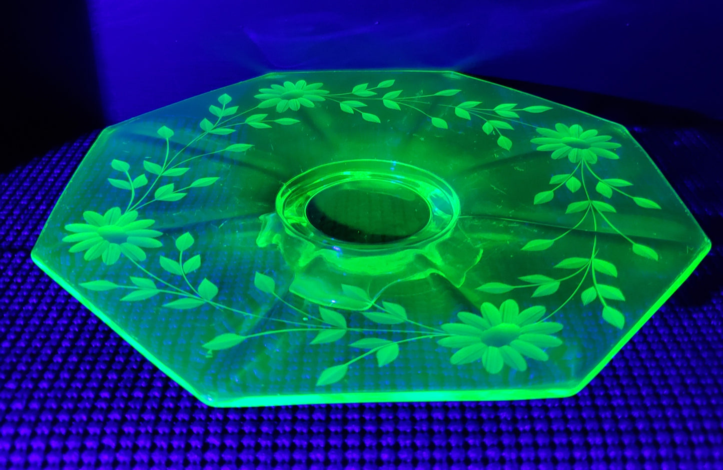 Floral Etched Uranium Glass Platter